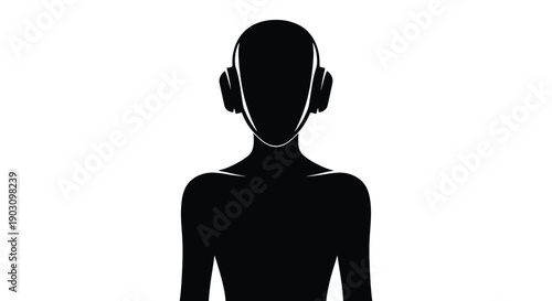 Silhouette icon of a person wearing large over ear headphones listening to audio music or sound