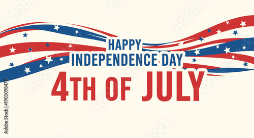 4th of July Happy Independence Day banner with red, white, and blue wavy stripes and stars, for celebration or party decoration, Isolated on transparent background, png