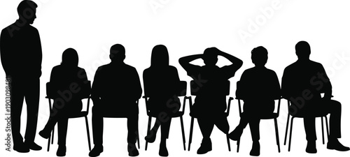 Silhouetted individuals seated in a row, with one person standing apart, conveying a sense of observation or waiting