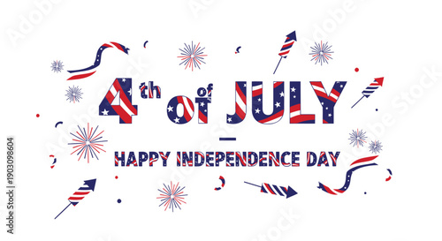 4th of July, Happy Independence Day, patriotic banner with fireworks and stars, vector illustration, for website or social media, overlay effect, isolated on transparent background, png