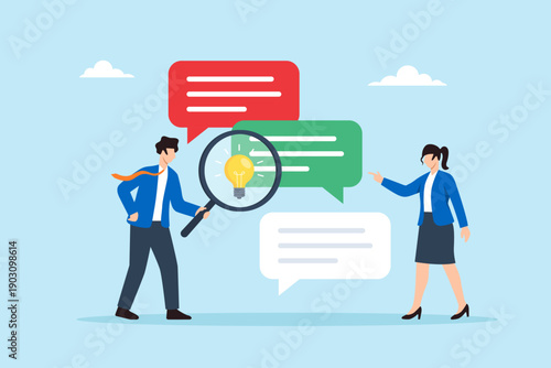 Flat illustration of business colleagues searching conversation history to find lightbulb idea in chat bubbles with magnifying glass