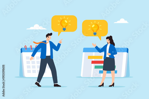 Flat illustration of business colleagues planning project roadmap by exchanging lightbulb ideas through chat bubbles with calendar and timeline board
