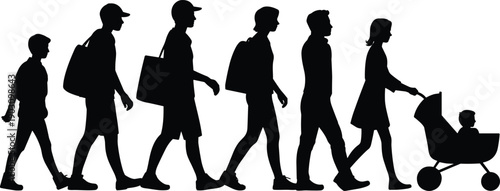Silhouettes of a diverse group of people walking in a line with a baby stroller showcasing a family progression