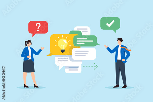 Flat illustration of business colleagues resolving misunderstanding by clarifying lightbulb idea through structured chat bubbles with checkmark