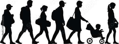 Silhouettes of a diverse family group walking together carrying luggage and a baby stroller symbolizing travel journey or migration with a sense of movement