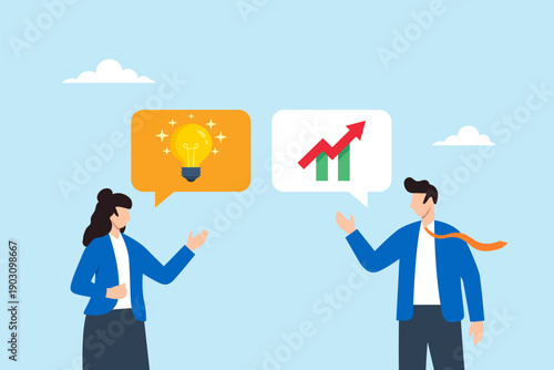 Flat illustration of business colleagues improving innovation process by exchanging refined lightbulb idea through chat bubbles with upward arrow chart