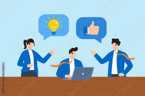 Flat illustration of supportive team members encouraging colleague by sharing lightbulb idea through chat bubbles with thumbs up