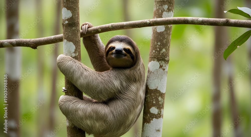 Obraz premium Slow and Steady: Sloth Pose Canopy Clinger in Green Languid Life of the Sloth Gentle Grip of the Forest Night Hanging Harmony: Sloth Portrait Tropical Lullaby: Sloth at Rest Forest Sloth in Quiet Gree