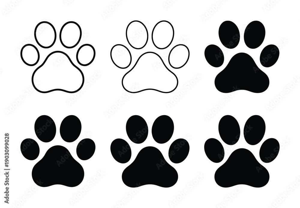 Fototapeta premium Collection of Six Paw Print Icons: Outline and Solid Black