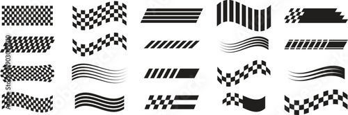 Racing stripes icon set collection group for speed automotive branding, motorsport design, car wrap graphics, abstract lines, modern dynamic symbols isolated on white background.