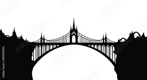 Gothic suspension bridge silhouette spanning a wide chasm between mountainous cliffs at dawn