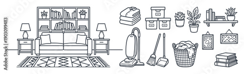 Living room interior design scene and home cleaning organization icons line art vector