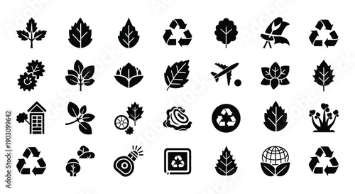 Collection of nature ecology and environmental protection black and white vector icons set