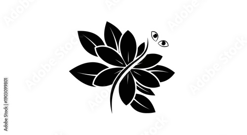 Black and white dragonfly vector illustration with floral elements on white background