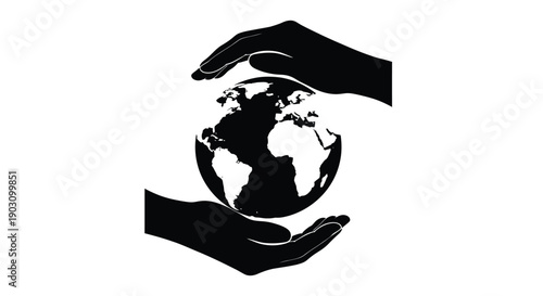 Black silhouette of two hands gently cradling and protecting the planet earth against white