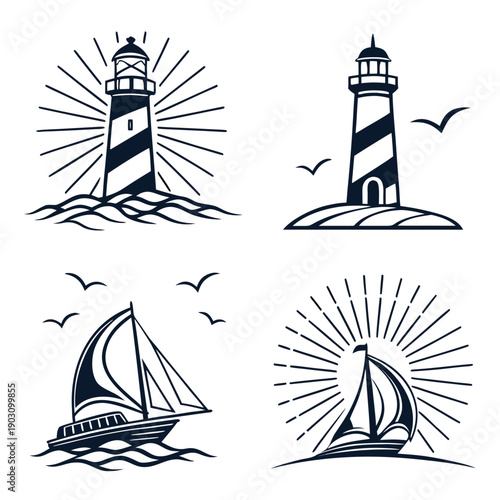 Foto Four nautical images depicting a lighthouse, a ship, a sunrise, and a sailboat