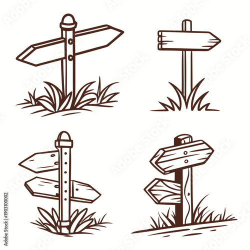 Four distinct signs pointing in different directions on a grassy field Vector