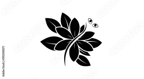 Black and white dragonfly vector illustration with floral elements on white background