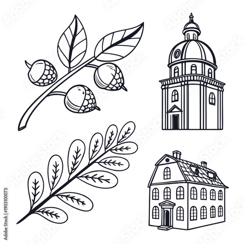 Illustration of leaves and a church building with a clock tower. Vector