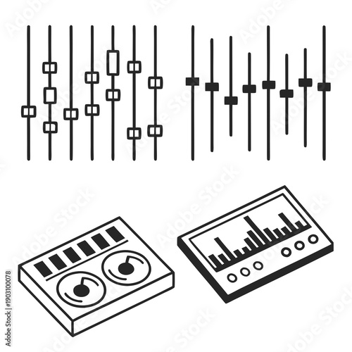 A variety of musical instruments and audio equipment for creating and editing music. Vector