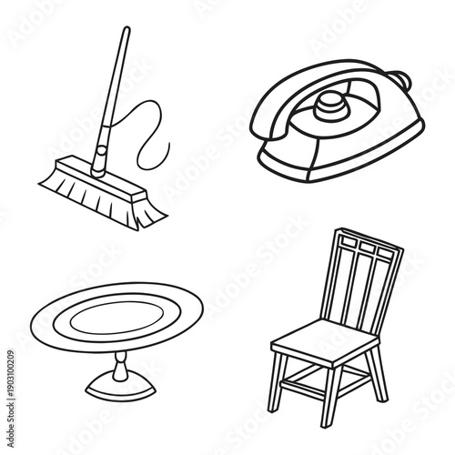 A collection of various household items including a broom, a chair, and a plate. Vector