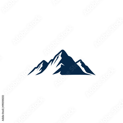 A stylized, dark blue mountain range with sharp peaks and a stark white background