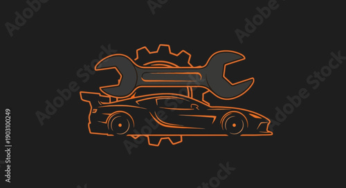 Modern automotive service logo with orange neon outline of a sports car and a large wrench. Sleek design for high-end tuning shops and performance garages.