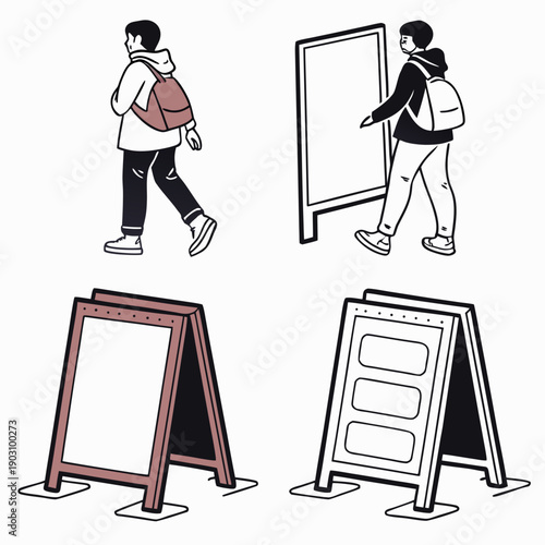 A variety of people walking past three different types of signs. Vector