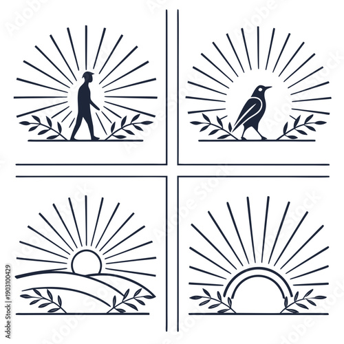 Four distinct illustrations of animals with rays of light emanating from their heads. Vector