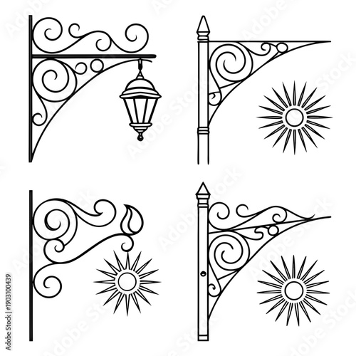 Four distinct and elegant wrought iron wall light fixtures with intricate designs. Vector
