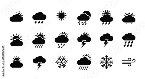 Collection of black and white simple weather icons illustrating various atmospheric conditions clearly