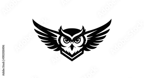 Black and white owl graphic with wings spread wide on white background