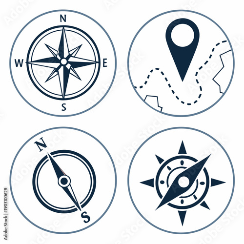 Four distinct compasses and location icons representing navigation and direction. Vector