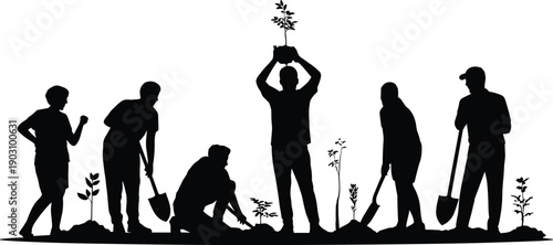 Silhouettes of people planting trees in a garden with shovels and saplings on a white background representing environmental conservation