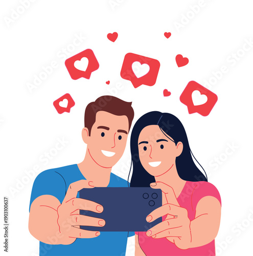 Happy couple taking a smartphone selfie, surrounded by floating heart-shaped social media likes, symbolizing digital affection, online connection, and shared loving moments