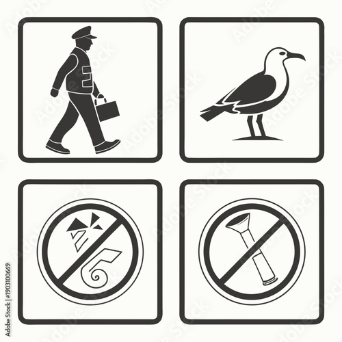 Signs indicating restrictions on walking and bird feeding in a park. Vector