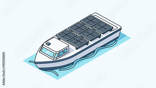 Isometric illustration of an eco-friendly solar-powered boat representing sustainable marine