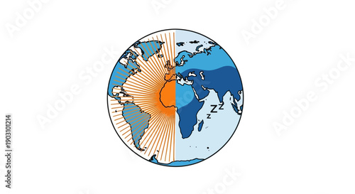 Day and Night World Map Illustration: Earth Rotation Concept Showing Daytime Activity and Global Sleeping Time Zones