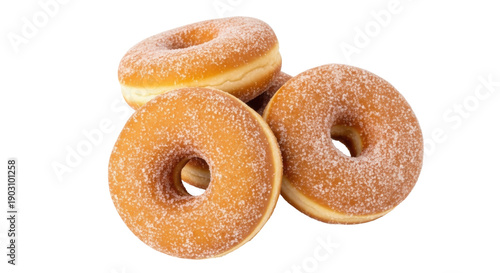 Fotografi Delicious sugar donuts isolated PNG, sweet baked goods with a hole on transparen