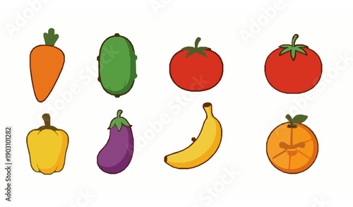 Cute cartoon fruit and vegetable icon collection with colorful healthy food items