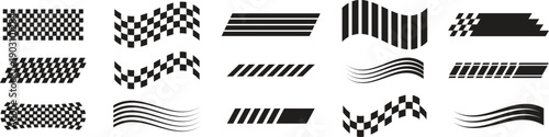 Racing stripes icon set collection group for speed automotive branding, motorsport design, car wrap graphics, abstract lines, modern dynamic symbols isolated on white background.