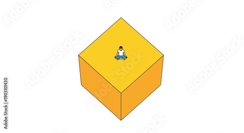 Minimalist vector illustration of a person meditating in solitude on a giant yellow cube, representing focus, isolation, and stability in mental space.