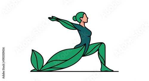 Eco-Friendly Yoga Warrior Pose Illustration. Woman connecting with nature through stylized leaves and organic fitness movement.