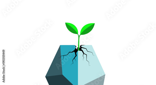 Resilience and Growth Concept: Green Seedling Cracking Abstract Blue Stone, Breaking Through Obstacles
