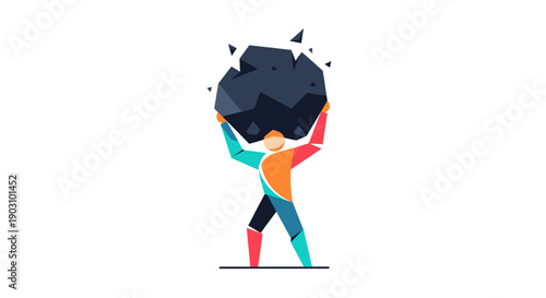 Geometric Man Lifting Heavy Rock: Vector Symbol of Strength, Burden, Challenge, and Resilience. Abstract low poly illustration isolated on white.