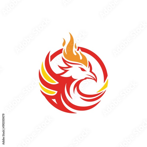Fiery phoenix bird with wings and flames forming a circular emblem