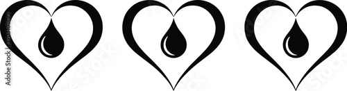 Three black hearts with a drop of liquid inside each, symbolizing love and care