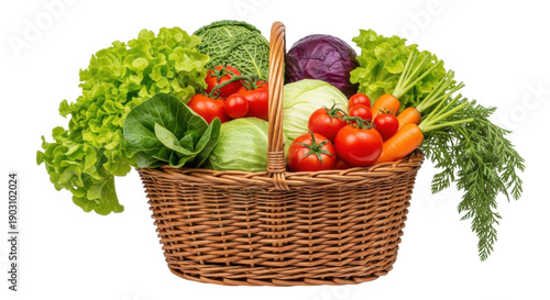 Fresh vegetables in a wicker basket PNG isolated, colorful assortment of healthy produce on transparent background