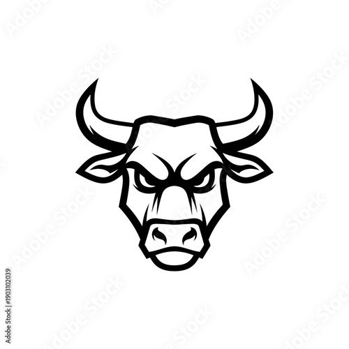 A black and white graphic illustration of a bull's angry face with horns