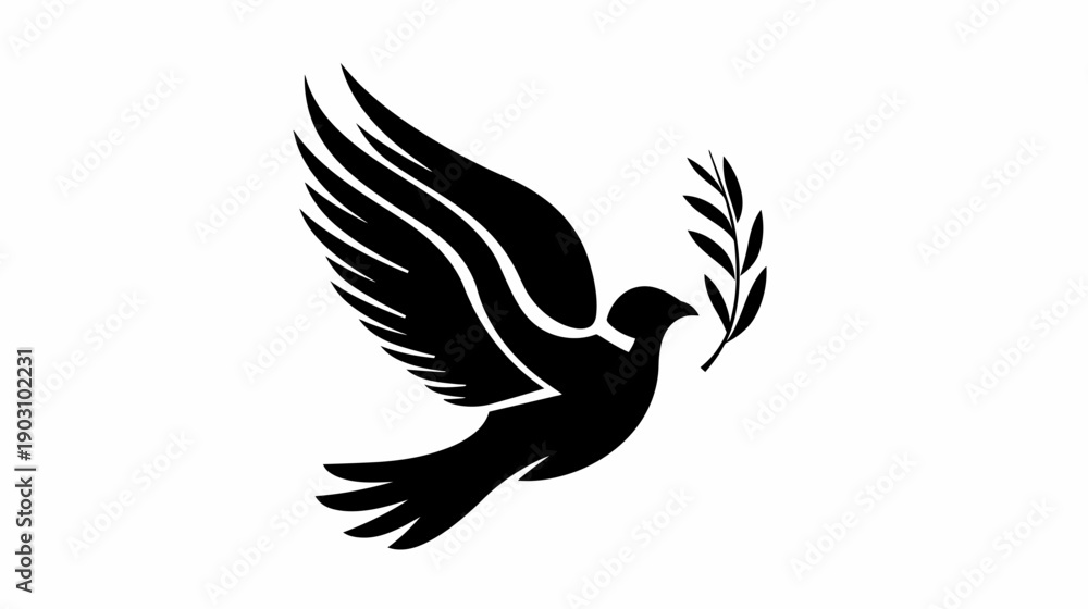 Obraz premium Black dove silhouette with olive branch symbolizing peace and hope